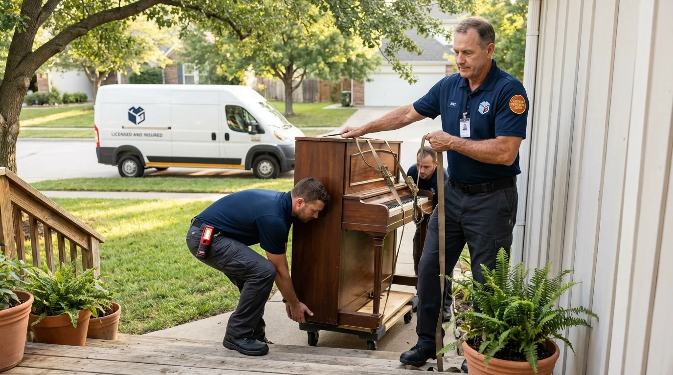Licensed piano movers securing grand piano in Forest, VA