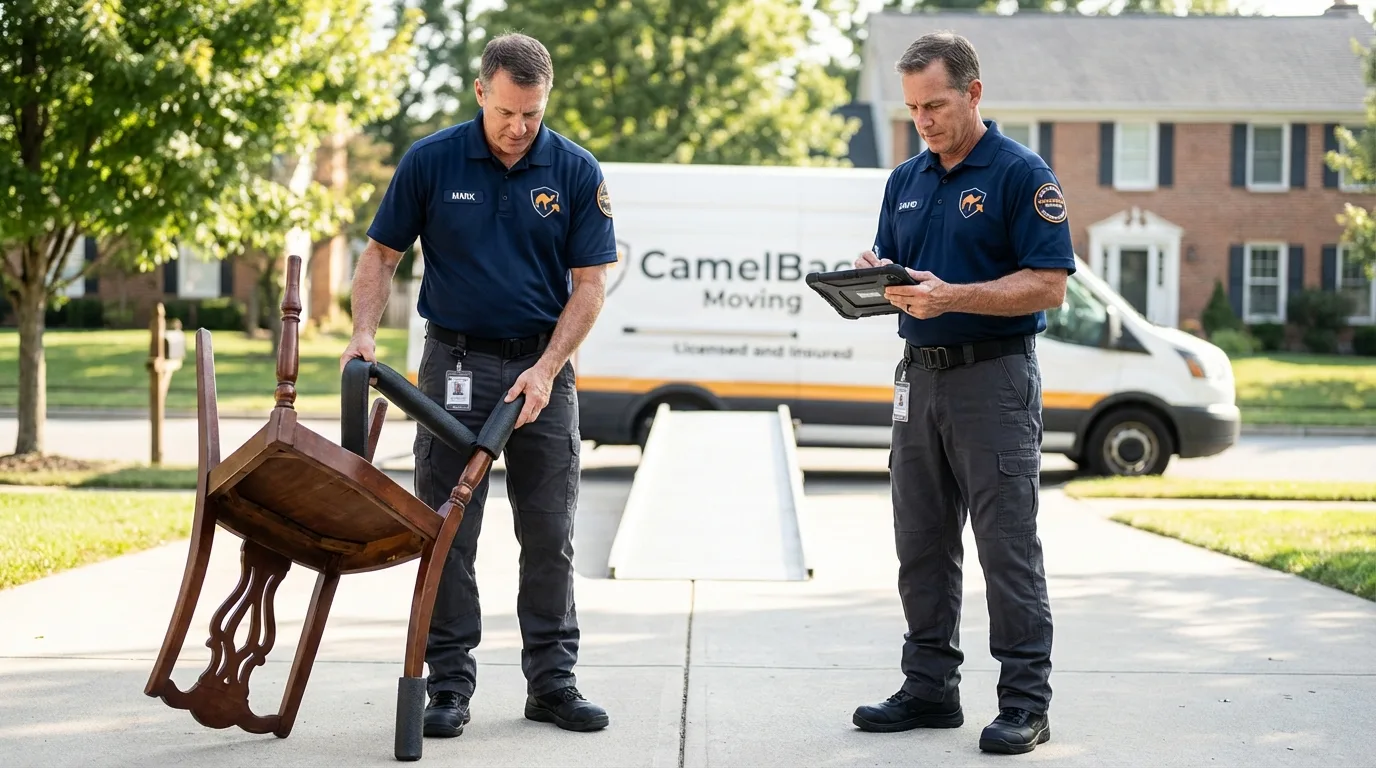 Movers inspecting furniture for damage prevention before loading in Forest, VA