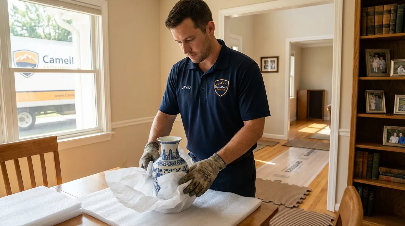 Professional crew carefully wrapping antique vase for senior downsizing move in Forest, VA